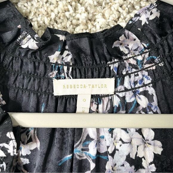 Rebecca Taylor Dress Womens 0 Black & Purple Floral Print 100% Silk Short Sleeve - Picture 3 of 7